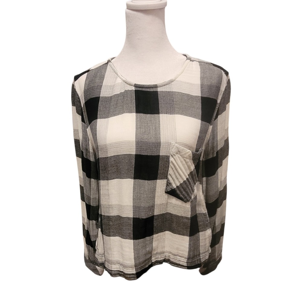 Cloth & Stone white & black checkerboard plaid long sleeve top lace up back Sz S